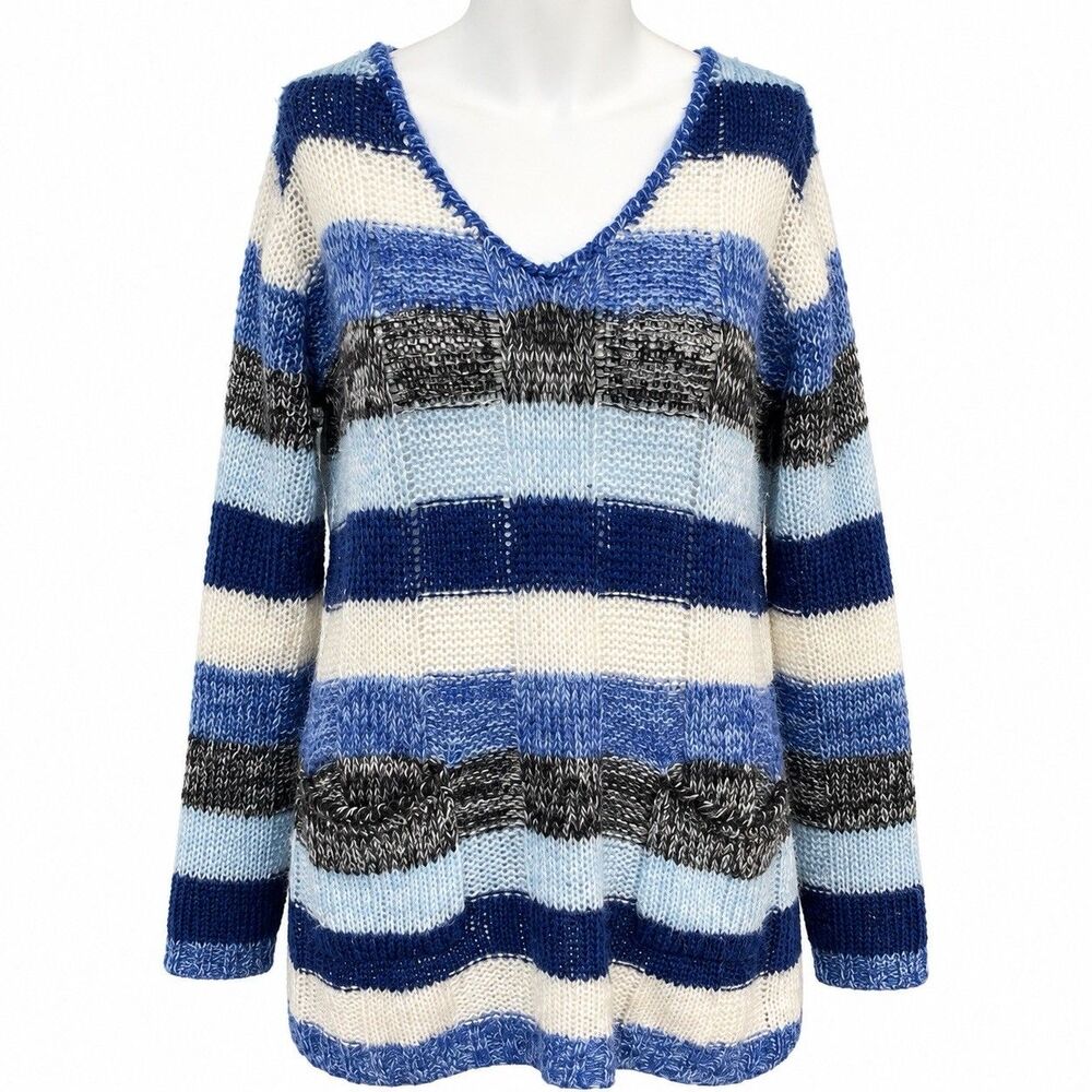 Bobbie Brooks Sweater Womens L Blue Striped Chunky Knit V Neck Tunic Pockets